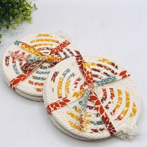 One Set of 4 Rope Coffee Coasters Cotton Fall Colors Dahlias Cottage Core 4.75"